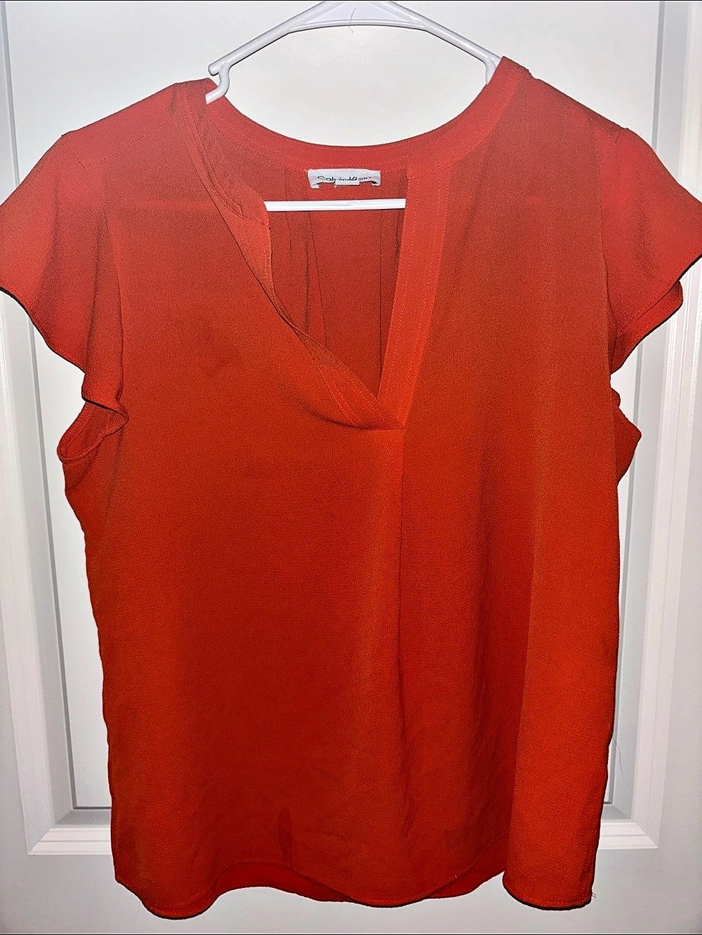 Calvin Klein V-Notch Flutter Sleeve Blouse Orange Medium